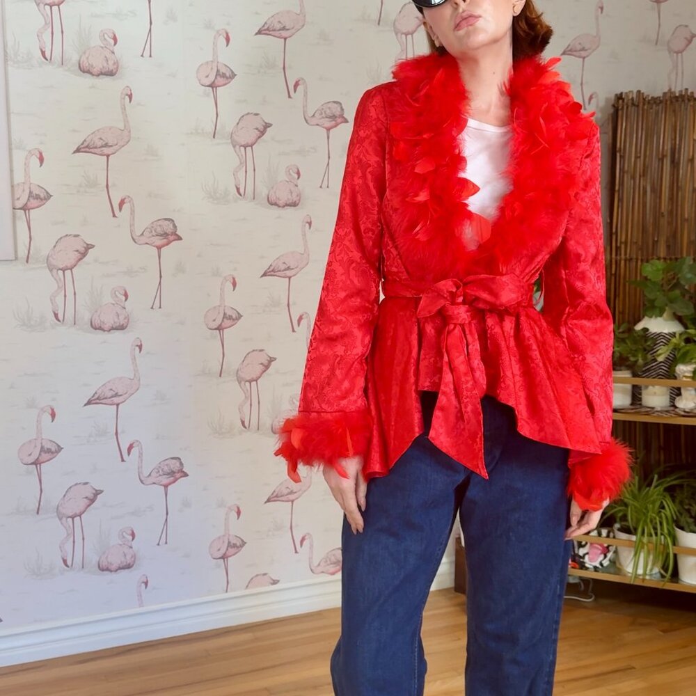 Dollskill Red Brocade and Feather Jacket Size M